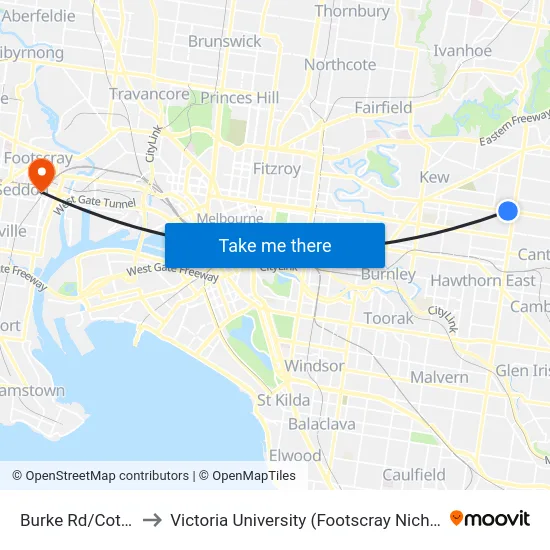 Burke Rd/Cotham Rd to Victoria University (Footscray Nicholson Campus) map