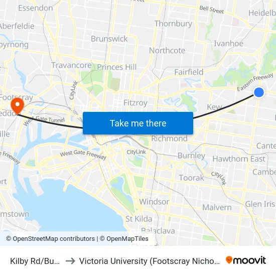 Kilby Rd/Burke Rd to Victoria University (Footscray Nicholson Campus) map