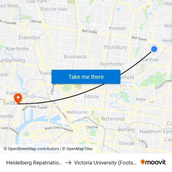 Heidelberg Repatriation Hospital/Banksia St to Victoria University (Footscray Nicholson Campus) map