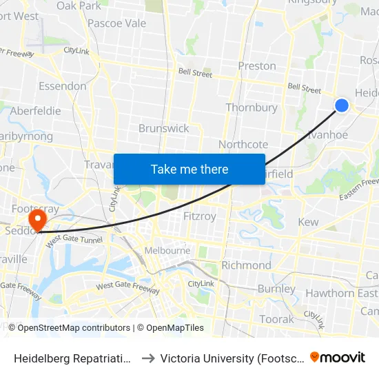 Heidelberg Repatriation Hospital/Edwin St to Victoria University (Footscray Nicholson Campus) map