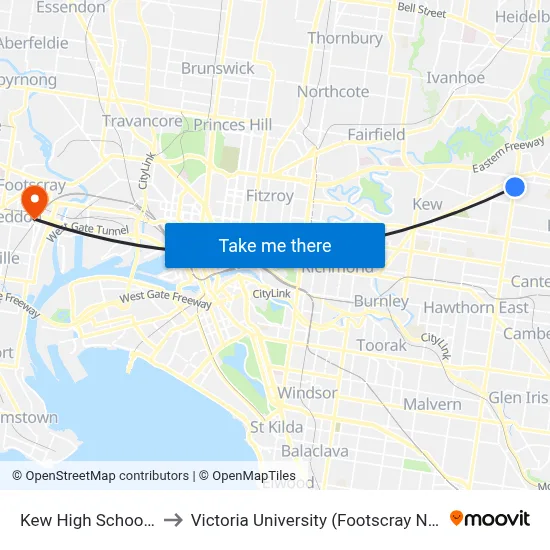 Kew High School/Burke Rd to Victoria University (Footscray Nicholson Campus) map