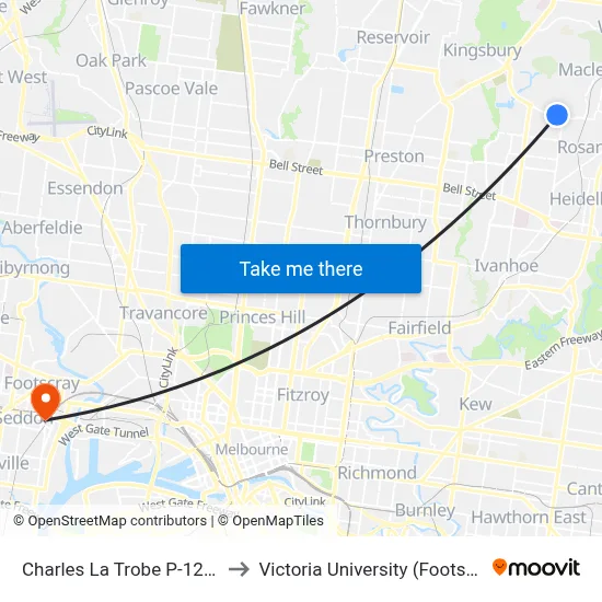 Charles La Trobe P-12 College/Kingsbury Dr to Victoria University (Footscray Nicholson Campus) map