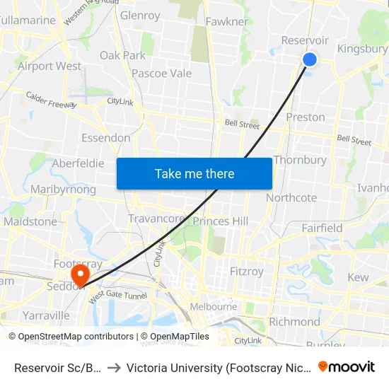 Reservoir Sc/Broadway to Victoria University (Footscray Nicholson Campus) map