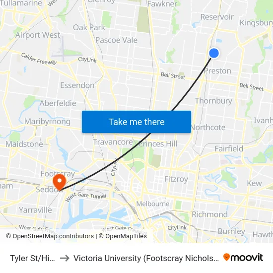 Tyler St/High St to Victoria University (Footscray Nicholson Campus) map