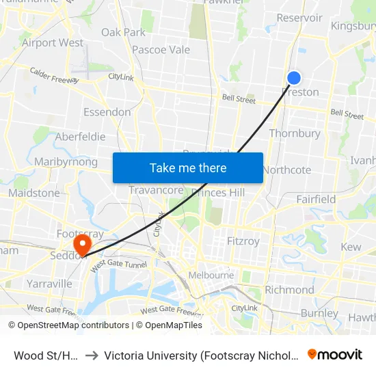 Wood St/High St to Victoria University (Footscray Nicholson Campus) map
