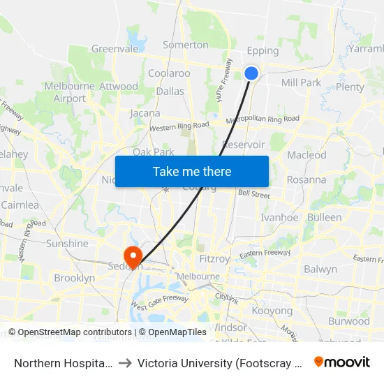 Northern Hospital/Cooper St to Victoria University (Footscray Nicholson Campus) map