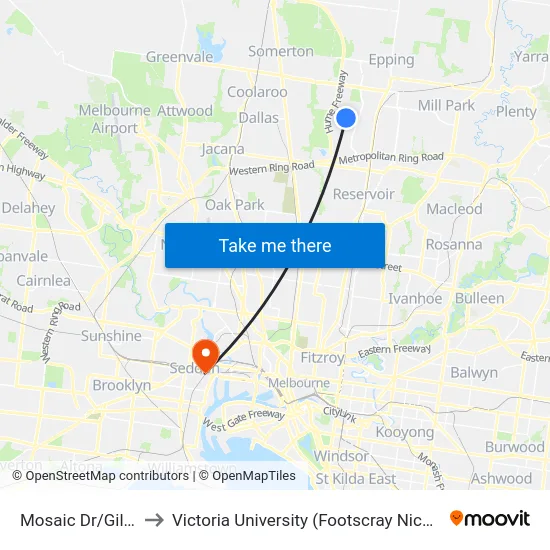 Mosaic Dr/Gillwell Rd to Victoria University (Footscray Nicholson Campus) map