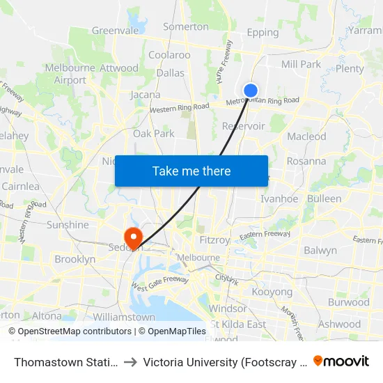 Thomastown Station/Station St to Victoria University (Footscray Nicholson Campus) map