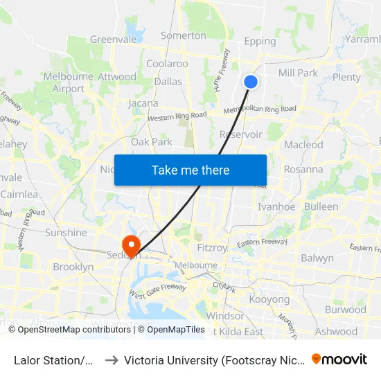 Lalor Station/Station St to Victoria University (Footscray Nicholson Campus) map