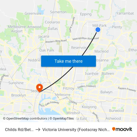 Childs Rd/Betula Ave to Victoria University (Footscray Nicholson Campus) map