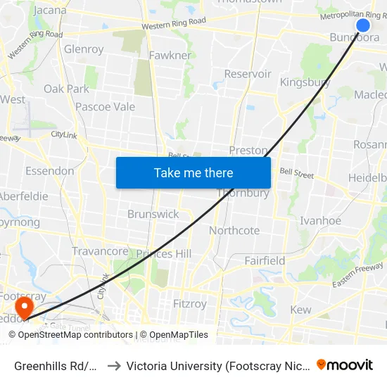Greenhills Rd/Plenty Rd to Victoria University (Footscray Nicholson Campus) map