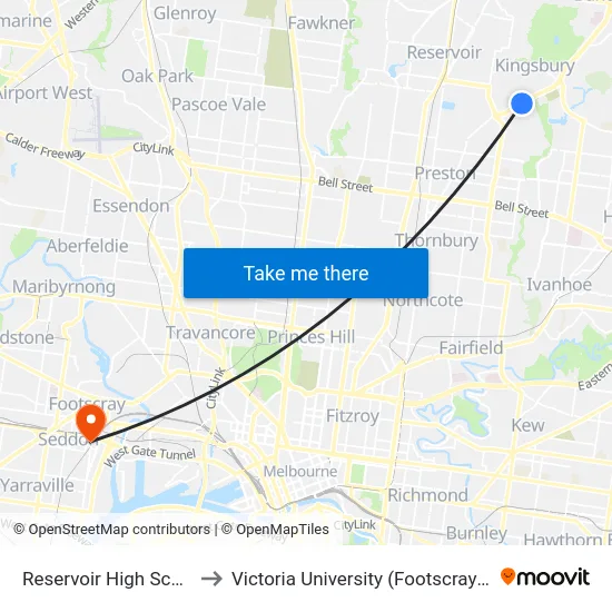 Reservoir High School/Plenty Rd to Victoria University (Footscray Nicholson Campus) map