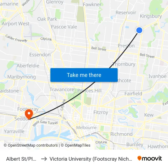 Albert St/Plenty Rd to Victoria University (Footscray Nicholson Campus) map
