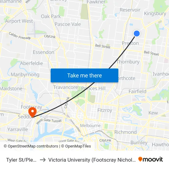 Tyler St/Plenty Rd to Victoria University (Footscray Nicholson Campus) map