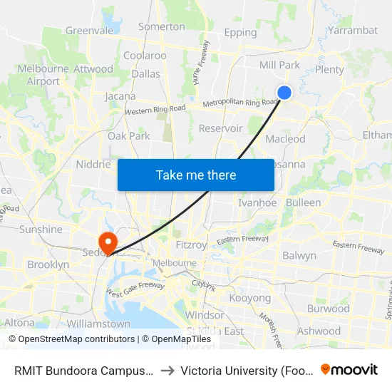 RMIT Bundoora Campus West/Plenty Rd to Victoria University (Footscray Nicholson Campus) map