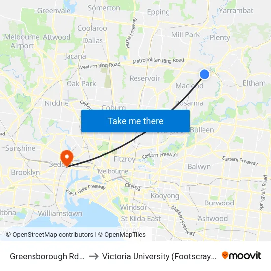 Greensborough Rd/Grimshaw St to Victoria University (Footscray Nicholson Campus) map