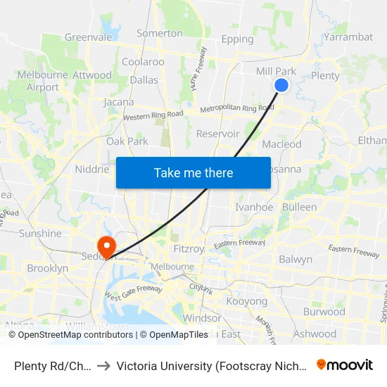 Plenty Rd/Childs Rd to Victoria University (Footscray Nicholson Campus) map