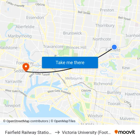 Fairfield Station/Wingrove St to Victoria University (Footscray Nicholson Campus) map