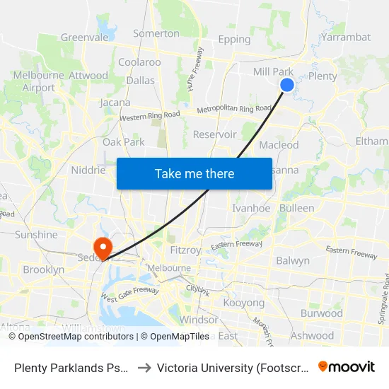 Plenty Parklands Ps/Blossom Park Dr to Victoria University (Footscray Nicholson Campus) map