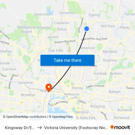 Kingsway Dr/Edgars Rd to Victoria University (Footscray Nicholson Campus) map