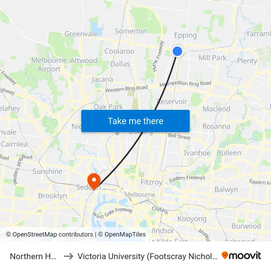 Northern Hospital to Victoria University (Footscray Nicholson Campus) map