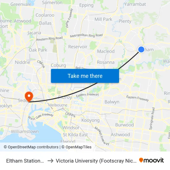 Eltham Station/Main Rd to Victoria University (Footscray Nicholson Campus) map