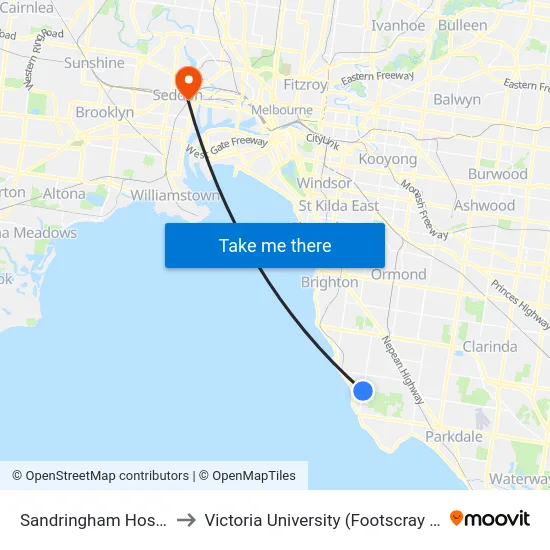 Sandringham Hospital/Bluff Rd to Victoria University (Footscray Nicholson Campus) map