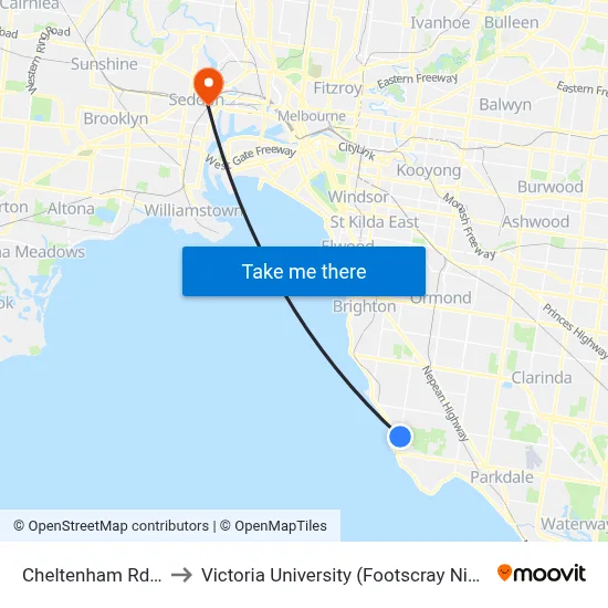 Cheltenham Rd/Bluff Rd to Victoria University (Footscray Nicholson Campus) map