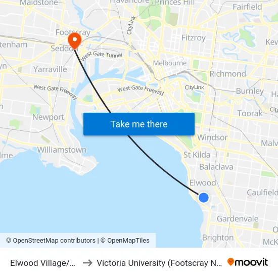 Elwood Village/Ormond Rd to Victoria University (Footscray Nicholson Campus) map