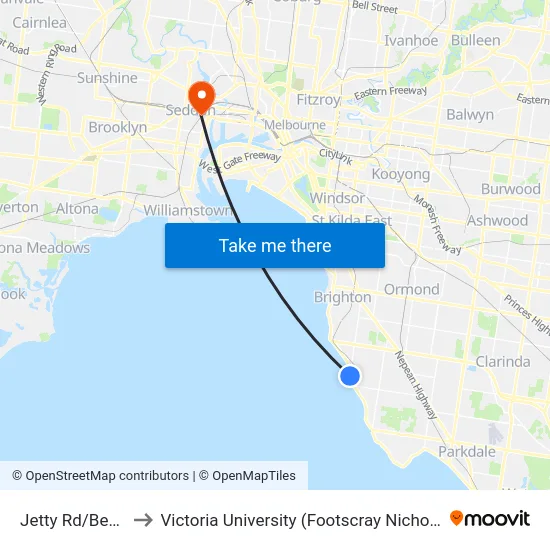 Jetty Rd/Beach Rd to Victoria University (Footscray Nicholson Campus) map