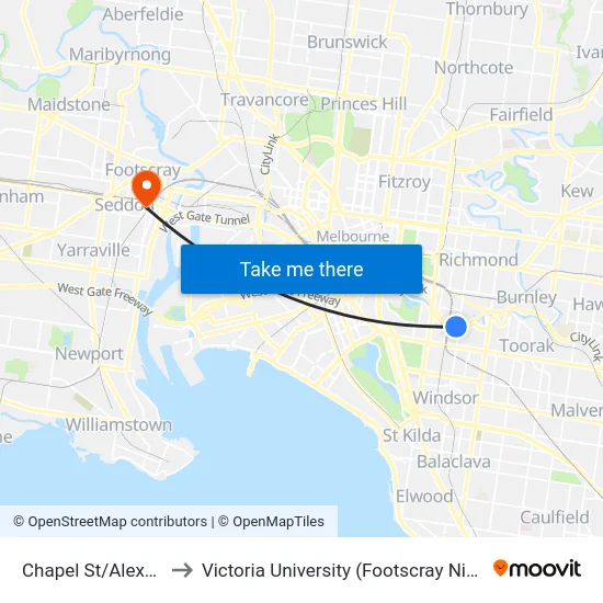 Chapel St/Alexandra Ave to Victoria University (Footscray Nicholson Campus) map