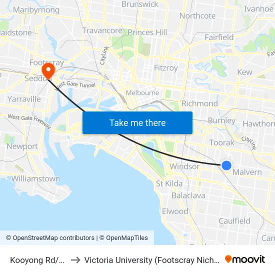 Kooyong Rd/Rose St to Victoria University (Footscray Nicholson Campus) map