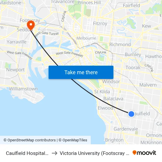 Caulfield Hospital/Kooyong Rd to Victoria University (Footscray Nicholson Campus) map