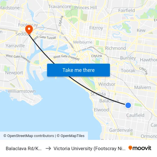 Balaclava Rd/Kooyong Rd to Victoria University (Footscray Nicholson Campus) map
