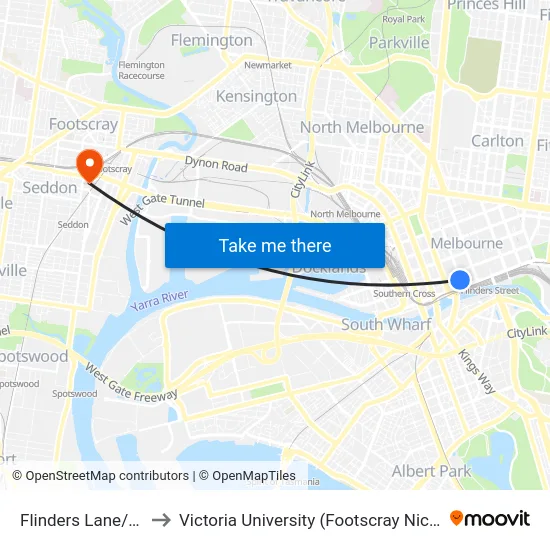 Flinders Lane/Queen St to Victoria University (Footscray Nicholson Campus) map
