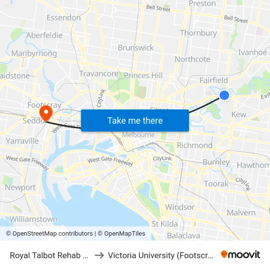 Royal Talbot Rehab Centre/Yarra Bvd to Victoria University (Footscray Nicholson Campus) map