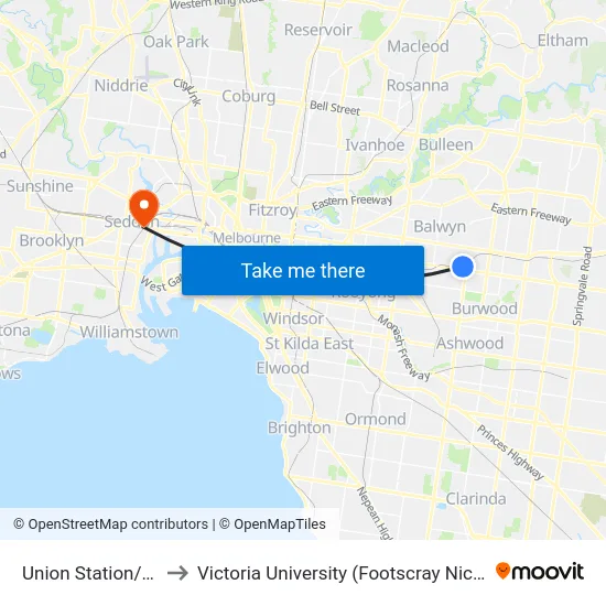 Union Station/Union Rd to Victoria University (Footscray Nicholson Campus) map