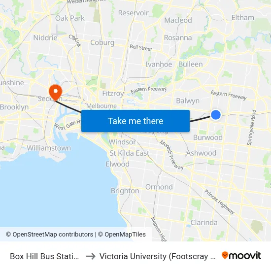 Box Hill Bus Station/Station St to Victoria University (Footscray Nicholson Campus) map