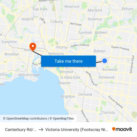 Canterbury Rd/Union Rd to Victoria University (Footscray Nicholson Campus) map