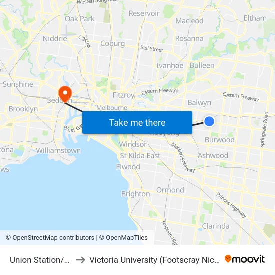 Union Station/Union Rd to Victoria University (Footscray Nicholson Campus) map