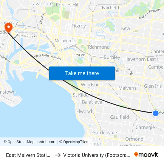East Malvern Station/Waverley Rd to Victoria University (Footscray Nicholson Campus) map
