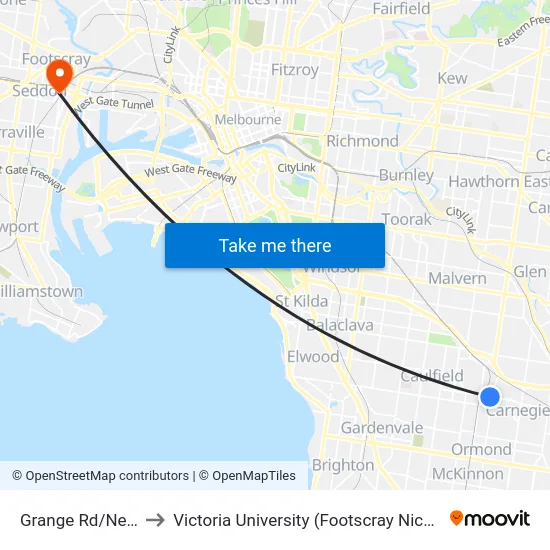 Grange Rd/Neerim Rd to Victoria University (Footscray Nicholson Campus) map