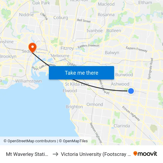 Mt Waverley Station/Miller Cres to Victoria University (Footscray Nicholson Campus) map