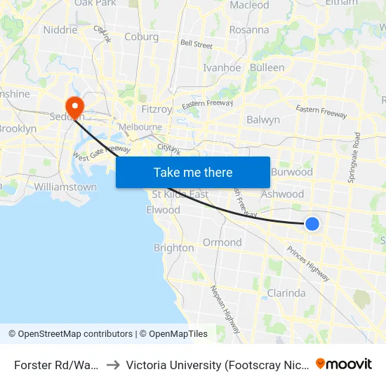 Forster Rd/Waverley Rd to Victoria University (Footscray Nicholson Campus) map