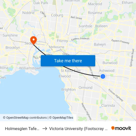 Holmesglen Tafe/Warrigal Rd to Victoria University (Footscray Nicholson Campus) map