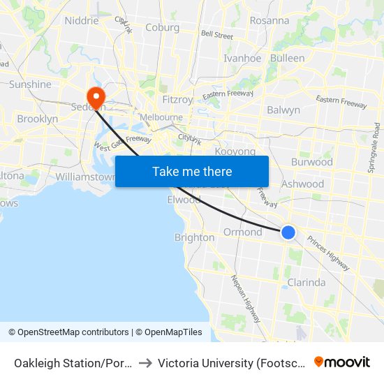 Oakleigh Station/Portman St (Oakleigh) to Victoria University (Footscray Nicholson Campus) map