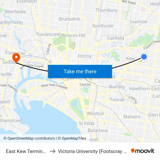 East Kew Terminus/Valerie St to Victoria University (Footscray Nicholson Campus) map