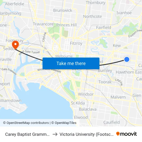 Carey Baptist Grammar School/Wrixon St to Victoria University (Footscray Nicholson Campus) map