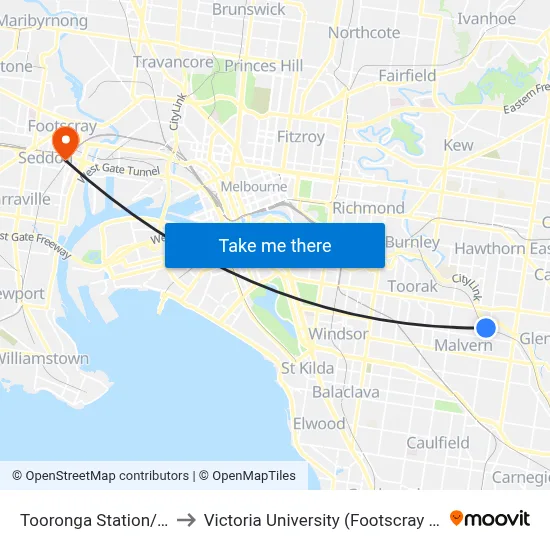 Tooronga Station/Tooronga Rd to Victoria University (Footscray Nicholson Campus) map