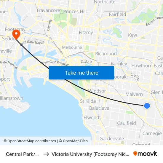 Central Park/Burke Rd to Victoria University (Footscray Nicholson Campus) map